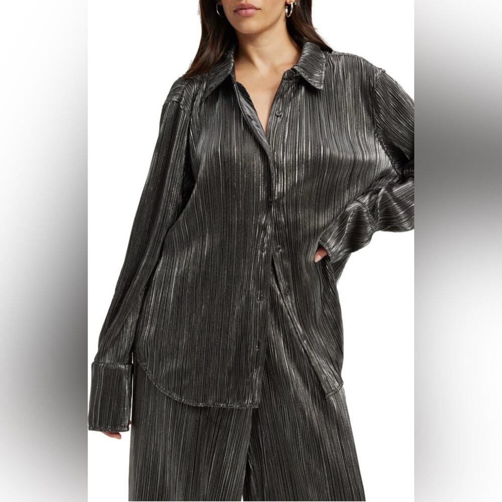 GOOD AMERICAN LAME PLISSE BUTTON UP SHIRT BLOUSE SIZE 00/0 X-SMALL SMALL NEW